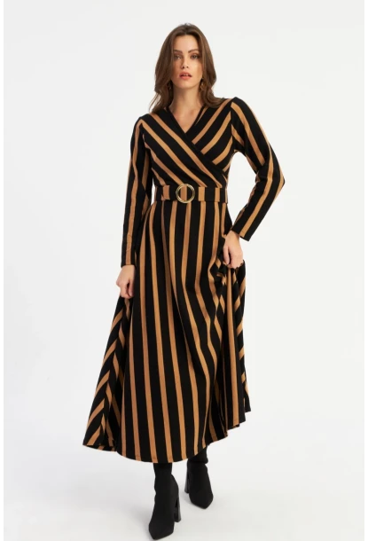 Kadın Siyah-Camel Kruveze Kemerli Maxi Elbise VTN4