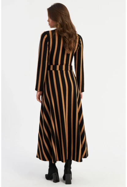 Kadın Siyah-Camel Kruveze Kemerli Maxi Elbise VTN4