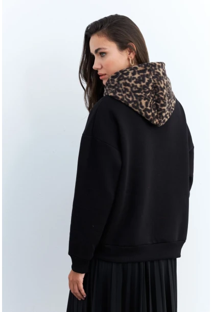 Kadın Siyah-Camel Leopar Bloklu Sweatshirt PP6415