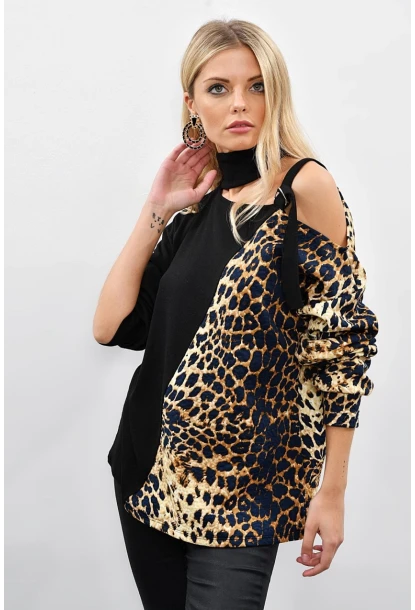 Kadın Siyah-Camel Tek Omuzu Açık Kontrast Sweatshirt Yİ1683