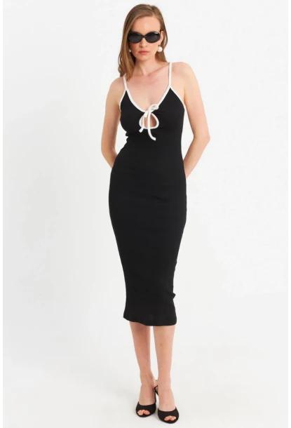 Kadın Siyah Çapraz Askılı Midi Elbise OR2452