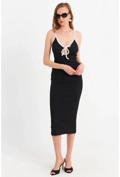 Kadın Siyah Çapraz Askılı Midi Elbise OR2452
