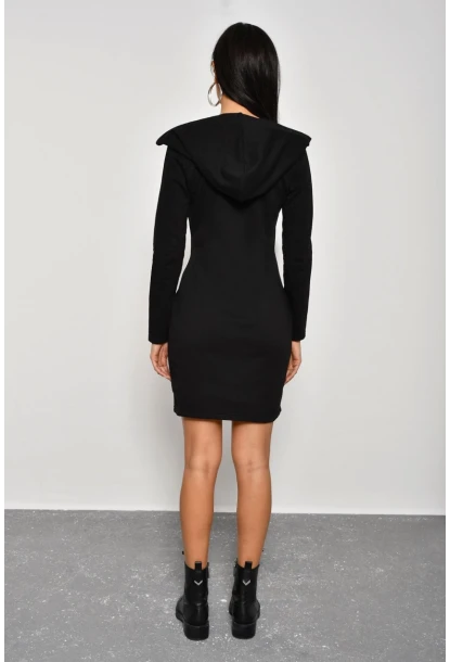 Kadın Siyah Çapraz Fermuarlı Kapüşonlu Sweat Elbise B61