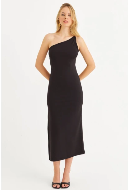 Kadın Siyah Çapraz Yaka Aksesuarlı Midi Elbise EY3088