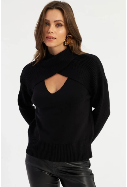 Kadın Siyah Çapraz Yaka Kazak AYD384