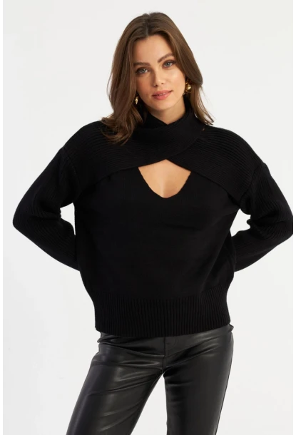 Kadın Siyah Çapraz Yaka Kazak AYD384