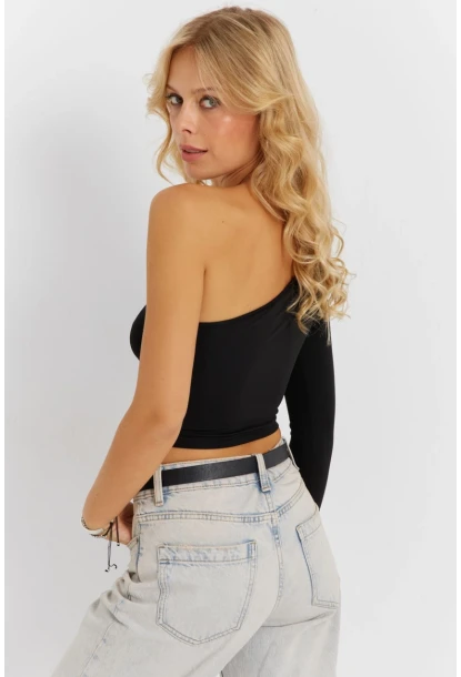 Kadın Siyah Çapraz Yaka Pencerli Crop Bluz CG366