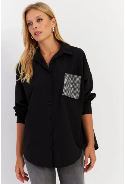 Kadın Siyah Cepli Taşlı Gömlek MZER414