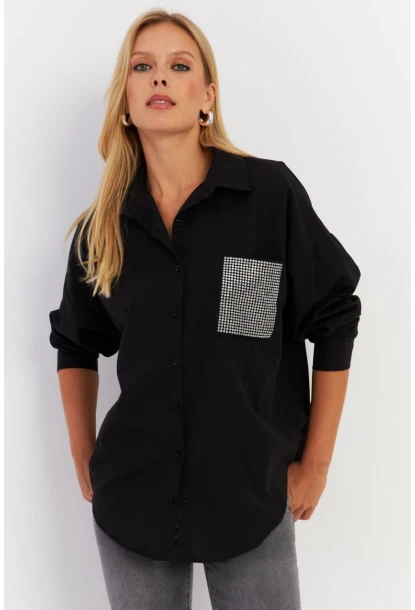 Kadın Siyah Cepli Taşlı Gömlek ZER414
