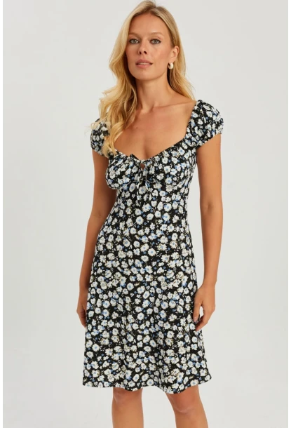 Kadın Siyah Çiçekli Mini Elbise GÇ165