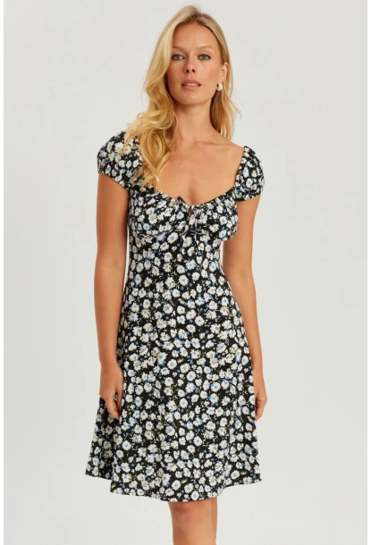 Kadın Siyah Çiçekli Mini Elbise GÇ165