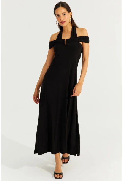 Kadın Siyah Çift Askılı Maxi Elbise BK261084