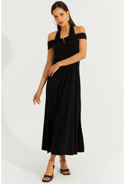 Kadın Siyah Çift Askılı Maxi Elbise BK261084