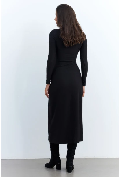Kadın Siyah Çift Fermuarlı Maxi Elbise ELT4039