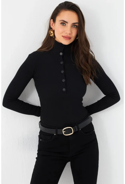 Kadın Siyah Çıtçıtlı Kaşkorse Bluz EY2983