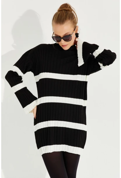 Kadın Siyah Çizgili Mini Triko Elbise YV212