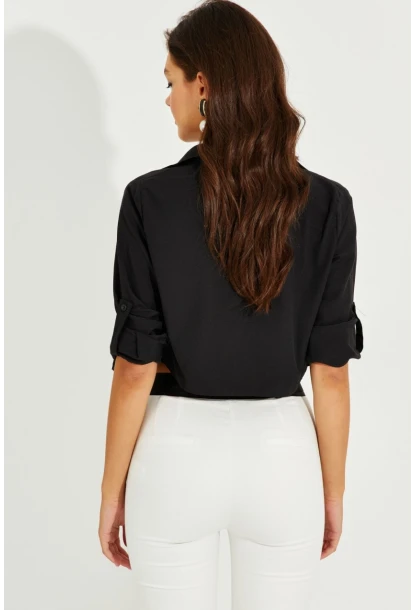 Kadın Siyah Crop Cepli Gömlek TD153