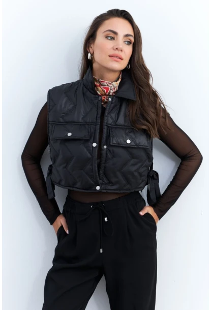 Kadın Siyah Crop Yelek İS808