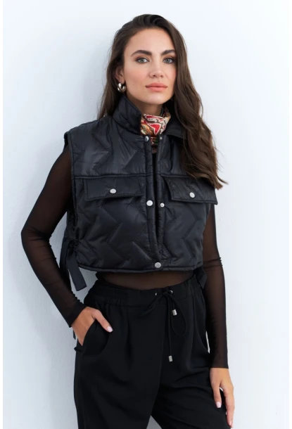 Kadın Siyah Crop Yelek İS808