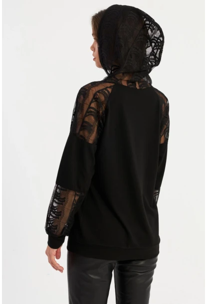 Kadın Siyah Dantel Detaylı Kapüşonlu Sweatshirt MBK58