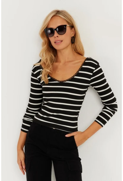 Kadın Siyah Dantel Ve Düğme Detaylı Bluz PP5363