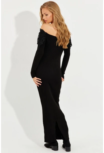 Kadın Siyah Dantelli Triko Maxi Elbise KED123