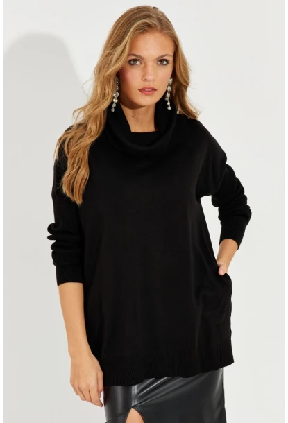 Kadın Siyah Degaje Yaka Cepli Triko Kazak YZ519