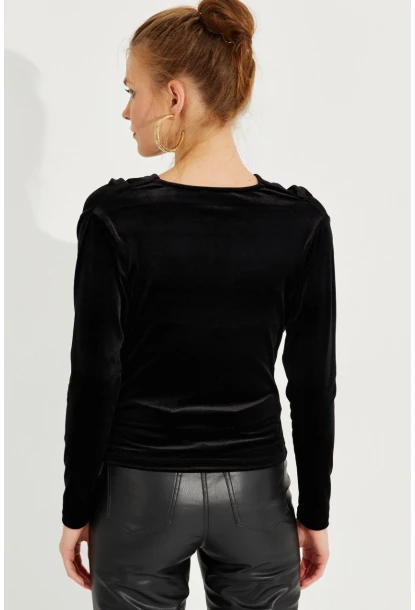 Kadın Siyah Degaje Yaka Kadife Bluz LPP1242