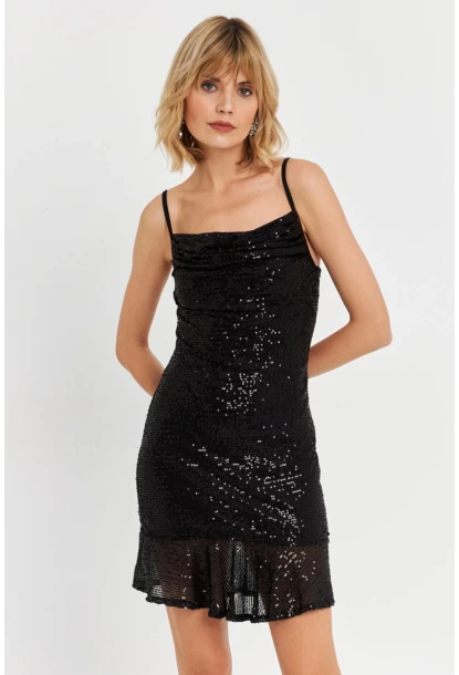 Kadın Siyah Degaje Yaka Pullu Mini Elbise DCF129