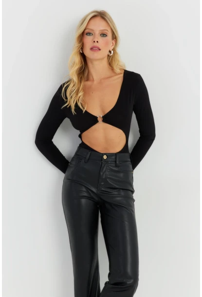 Kadın Siyah Dekolteli Çıtçıtlı Body MEN2026