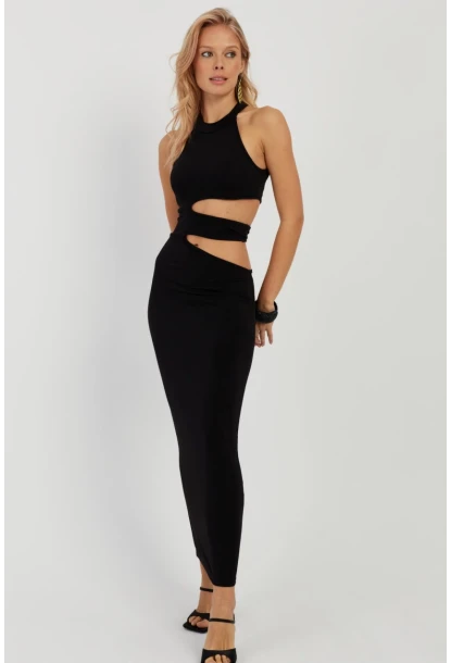 Kadın Siyah Dekolteli Maxi Elbise MEN2031