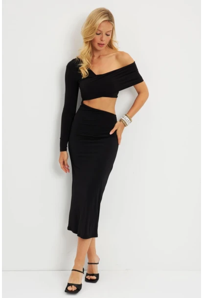 Kadın Siyah Dekolteli Midi Elbise MEN2046