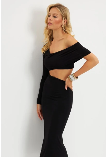 Kadın Siyah Dekolteli Midi Elbise MEN2046