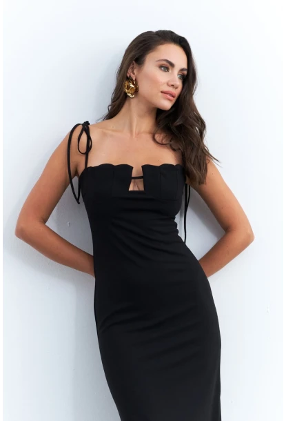 Kadın Siyah Dekolteli Yırtmaçlı Maxi Elbise YEL95