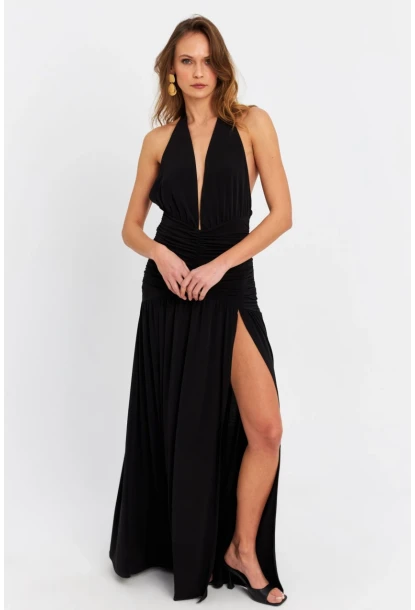 Kadın Siyah Derin Yırtmaçlı Büzgülü Midi Elbise B6008