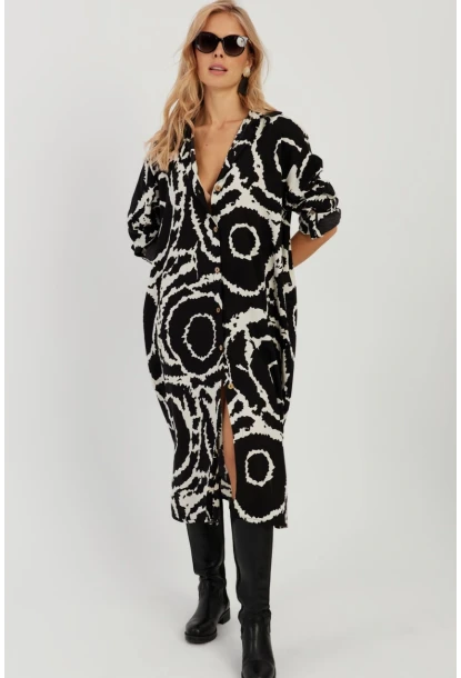 Kadın Siyah Desenli Gömlek Elbise LV174