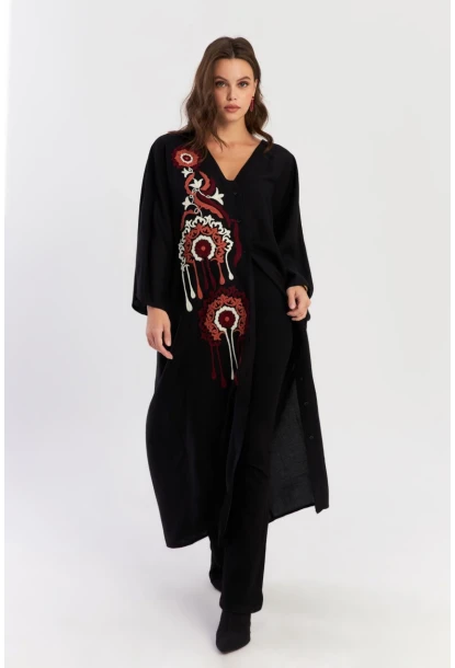 Kadın Siyah Desenli Maxi Dokuma Elbise ALO150