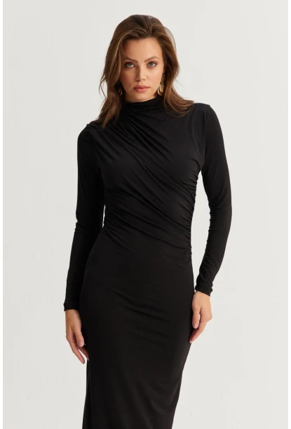 Kadın Siyah Drape Maxi Elbise DMR377