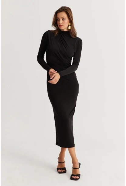 Kadın Siyah Drape Maxi Elbise DMR377