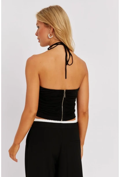 Kadın Siyah Drapeli Crop Bluz KED154