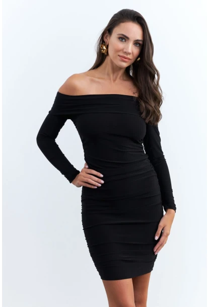 Kadın Siyah Drapeli Degaje Mini Elbise ELT3697