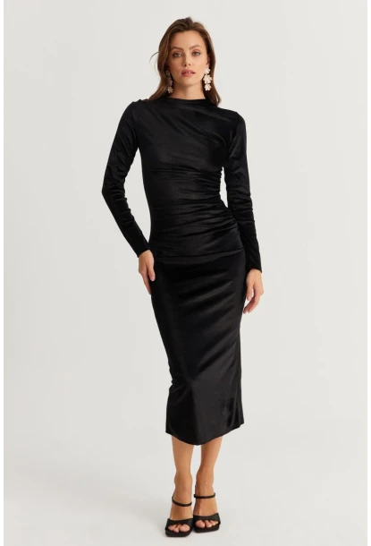 Kadın Siyah Drapeli Midi Elbise MON1113
