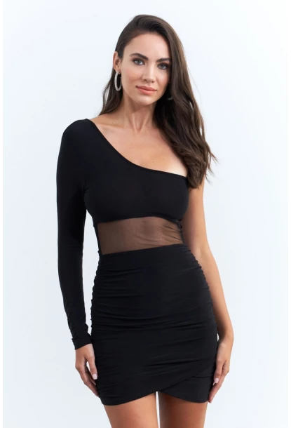 Kadın Siyah Drapeli Tül Detaylı Mini Yılbaşı Elbise ELT3850