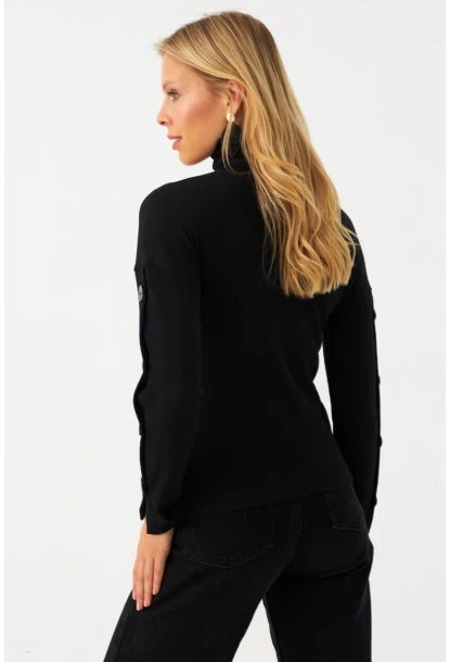 Kadın Siyah Düğme Aksesuarlı Balıkçı Kaşkorse Bluz EY2995