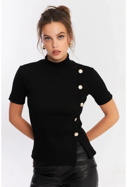 Kadın Siyah Düğme Aksesuarlı Bluz EY2926