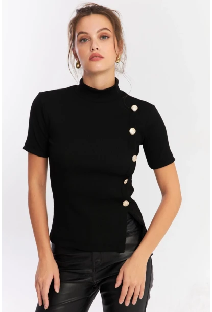 Kadın Siyah Düğme Aksesuarlı Bluz EY2926