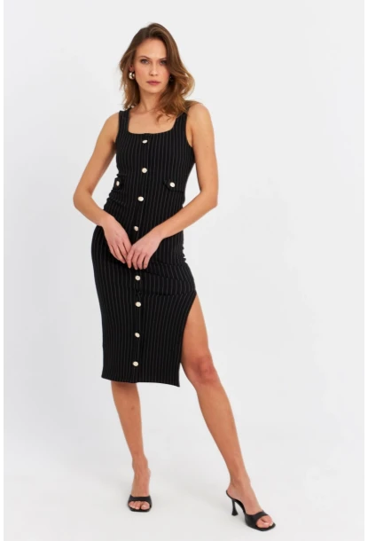 Kadın Siyah Düğme Aksesuarlı Çizgili Midi Elbise SDY1253