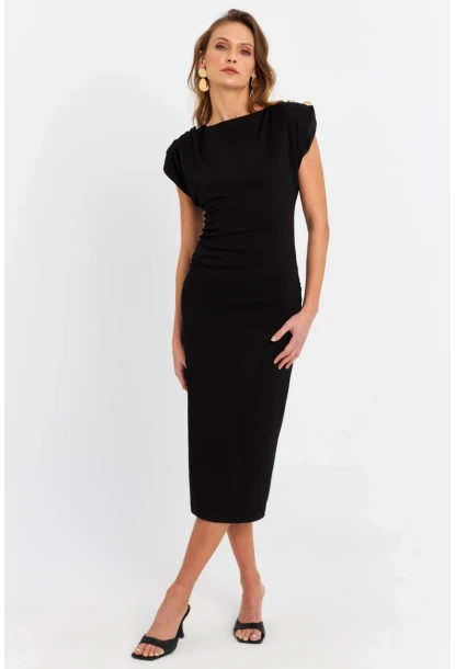 Kadın Siyah Düğme Aksesuarlı Vatkalı Midi Elbise MOD4272