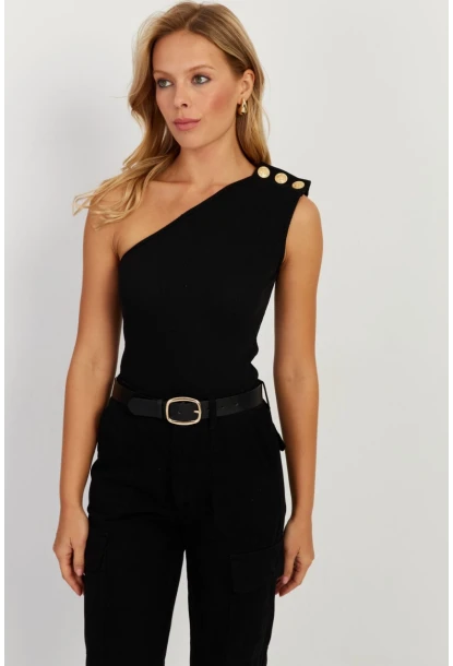 Kadın Siyah Düğme Detaylı Asimetrik Kaşkorse Bluz EY2711