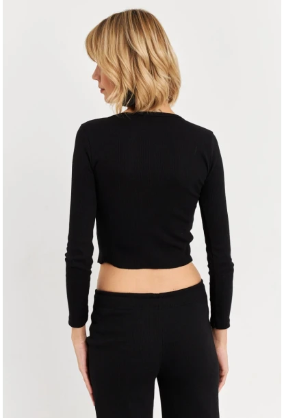 Kadın Siyah Düğme Detaylı Basic Bluz ALB3814